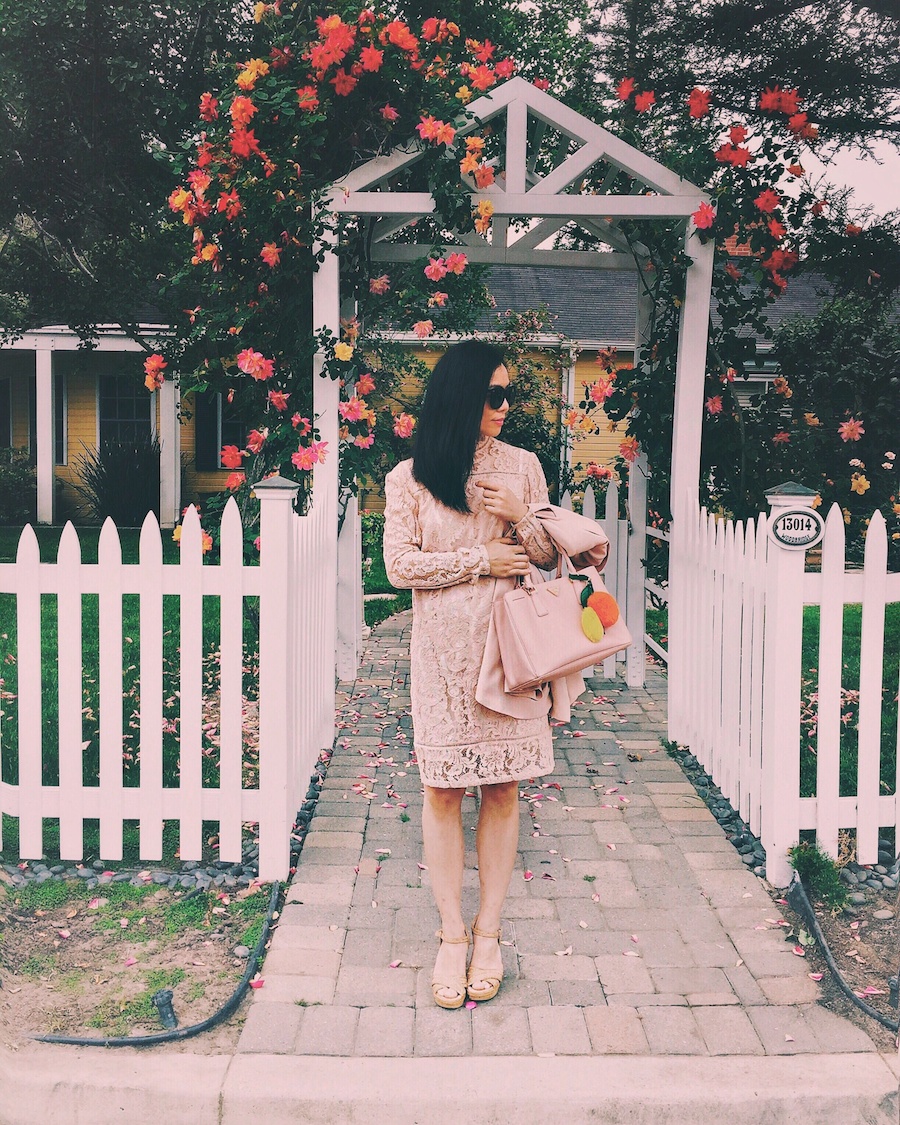 Feminine Style, Reiss Lace Dress, Prada bag, Stuart Weitzman Wedges , Pom Pom Keychain, via: HallieDaily