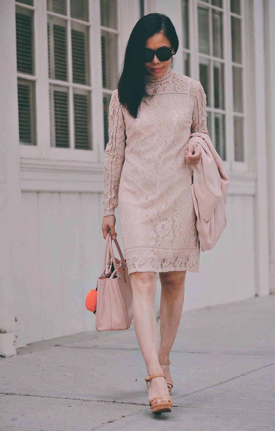 Feminine Style, Reiss Lace Dress, Prada bag, Stuart Weitzman Wedges , Pom Pom Keychain, via: HallieDaily