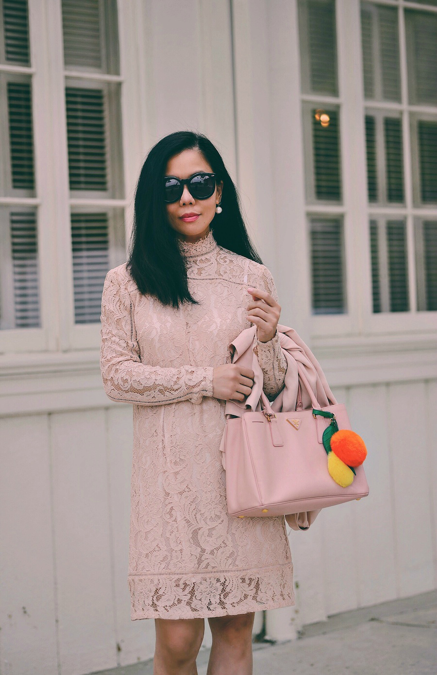 Feminine Style, Reiss Lace Dress, Prada bag, Stuart Weitzman Wedges , Pom Pom Keychain, via: HallieDaily