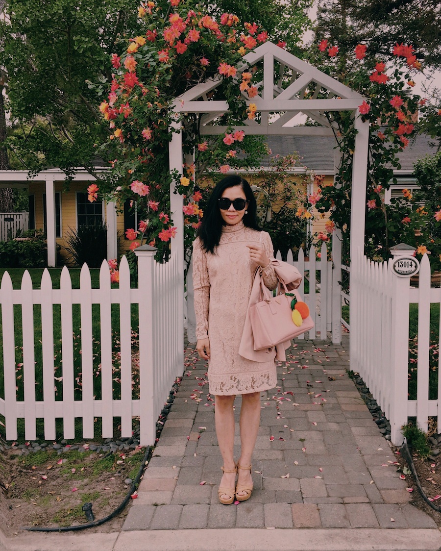 Feminine Style, Reiss Lace Dress, Prada bag, Stuart Weitzman Wedges , Pom Pom Keychain, via: HallieDaily