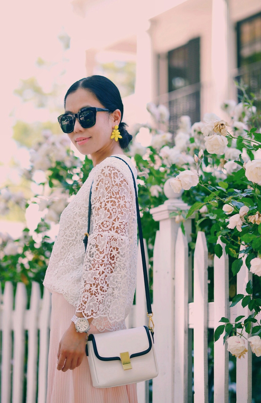 Lovely in Ladylike Style, Lace Top, Pink Midi Skirt, Miu Miu Bow Loafers, via: HallieDaily