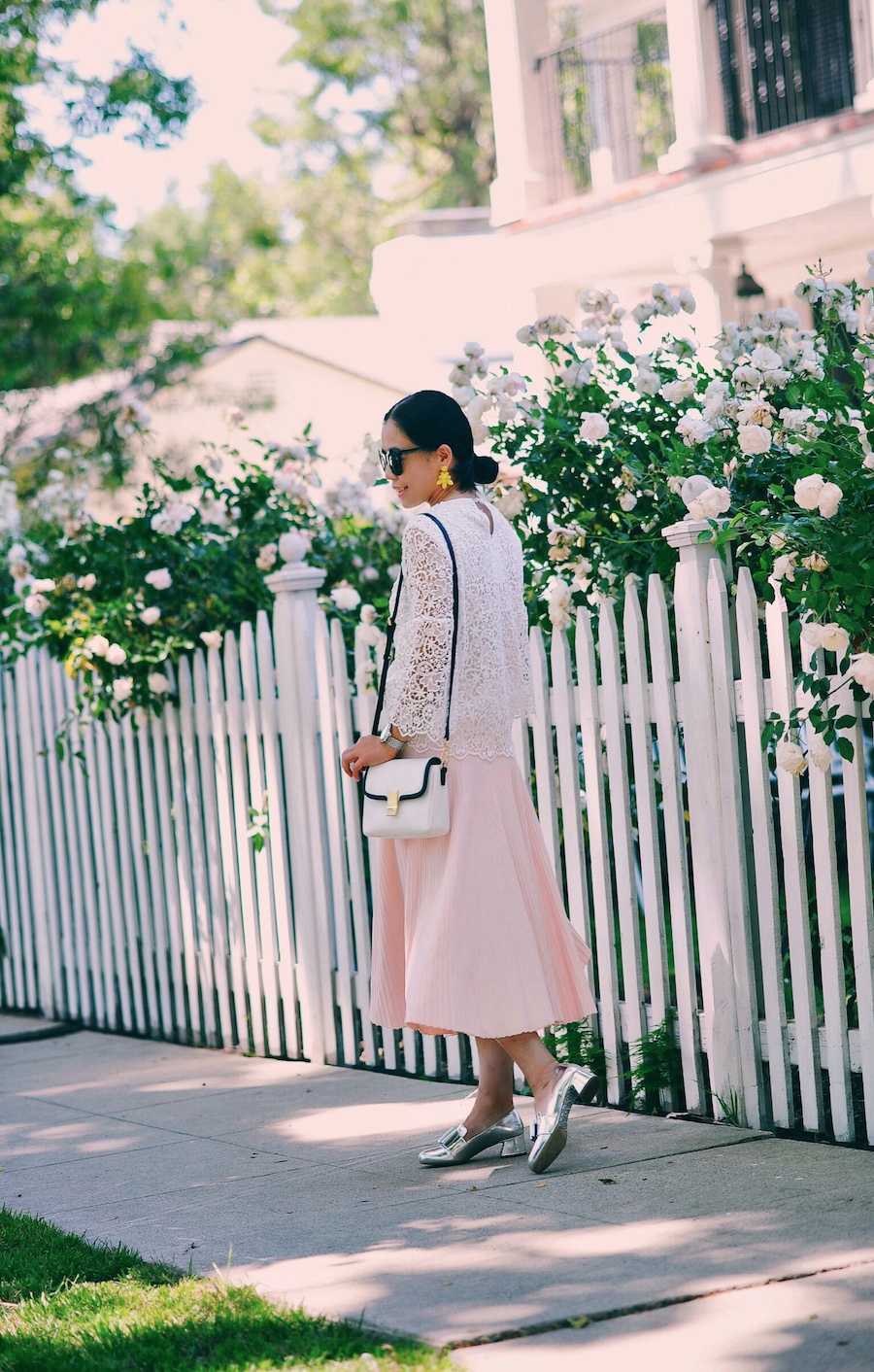 Lovely in Ladylike Style, Lace Top, Pink Midi Skirt, Miu Miu Bow Loafers, via: HallieDaily