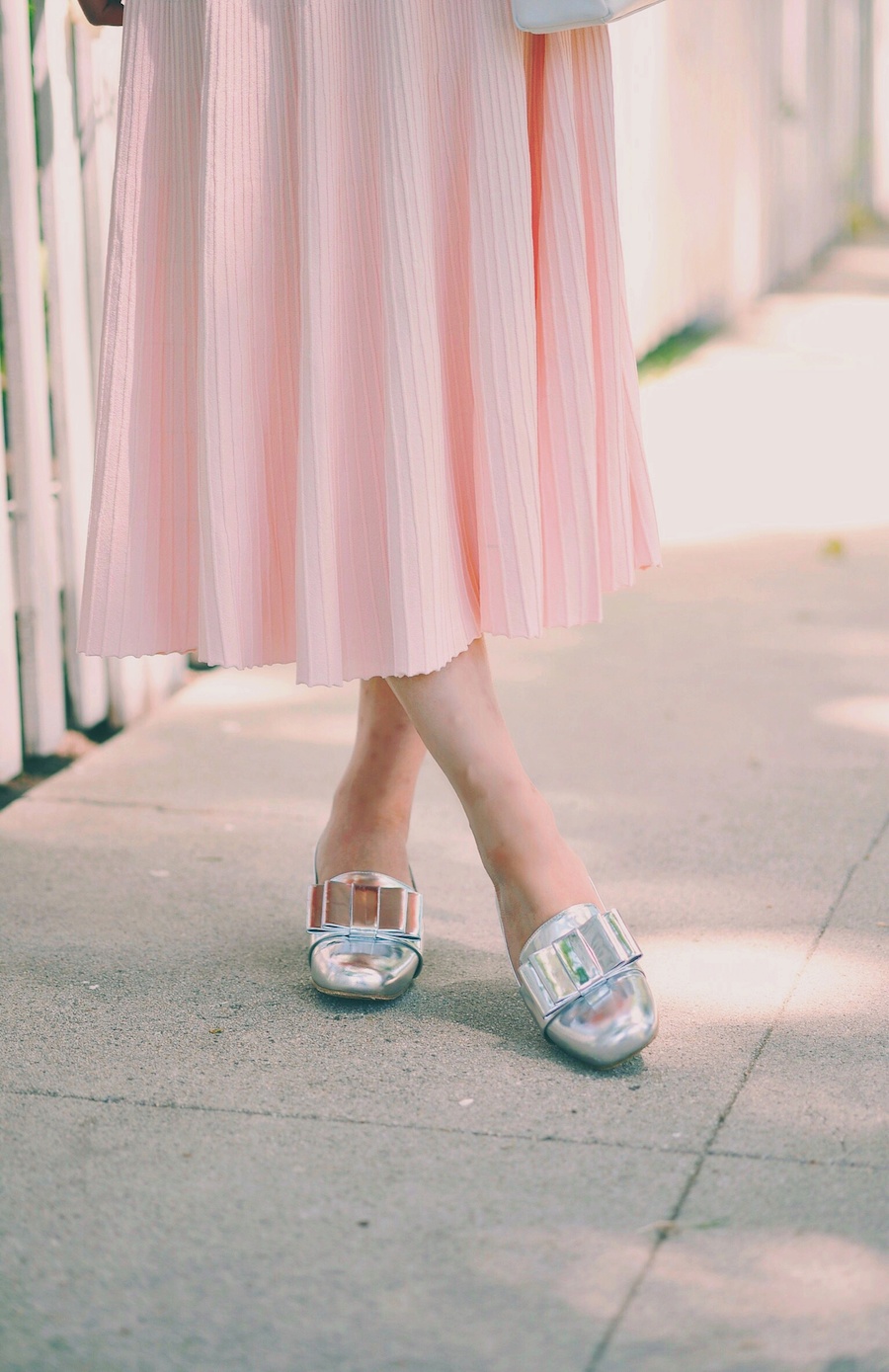 Lovely in Ladylike Style, Lace Top, Pink Midi Skirt, Miu Miu Bow Loafers, via: HallieDaily