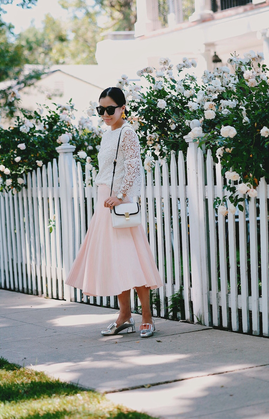 Lovely in Ladylike Style, Lace Top, Pink Midi Skirt, Miu Miu Bow Loafers, via: HallieDaily