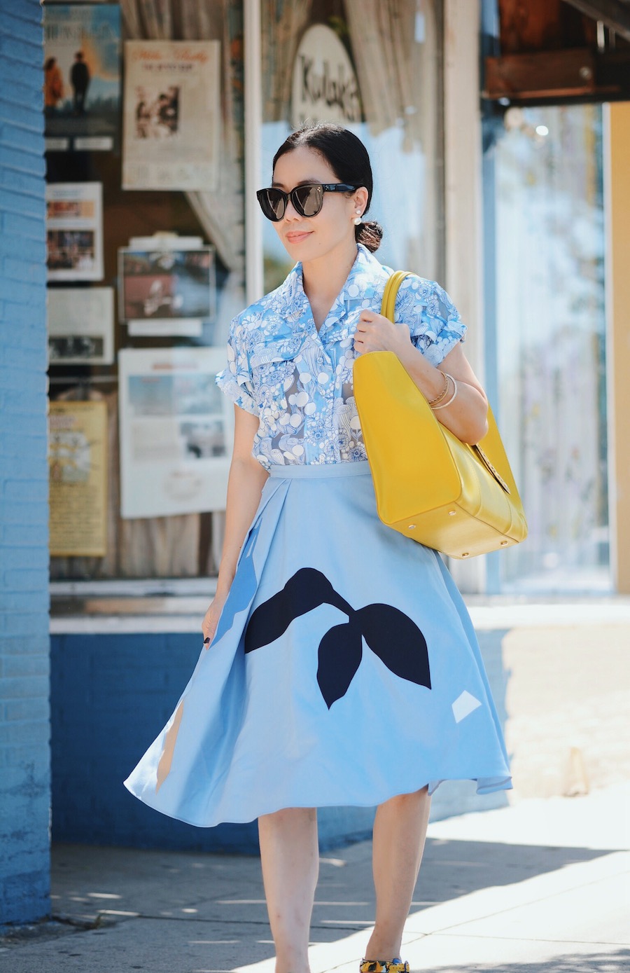 The Street Garden Look, Carven Floral Top, Dolce & Gabbana Printed Sandals, Charlotte Olympia Brando Textured-leather Tote, Jonathan Saunders Sally Appliquéd Wool-twill Skirt, Celine Sunglasses, via: HallieDaily