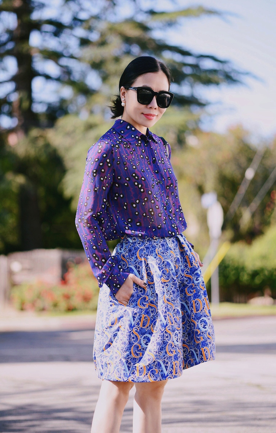 Street Style, Print on Print, Colorful Summer Style, Carven Printed Shirt, Mary Katrantzou Skirt, Lady Dior Bag, Christian Louboutin Nude Pumps, via: HallieDaily