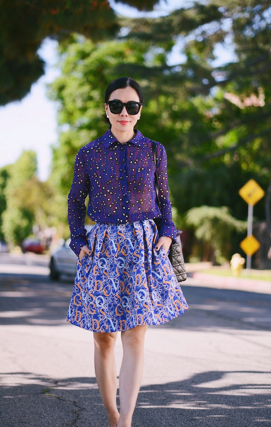 Street Style, Print on Print, Colorful Summer Style, Carven Printed Shirt, Mary Katrantzou Skirt, Lady Dior Bag, Christian Louboutin Nude Pumps, via: HallieDaily