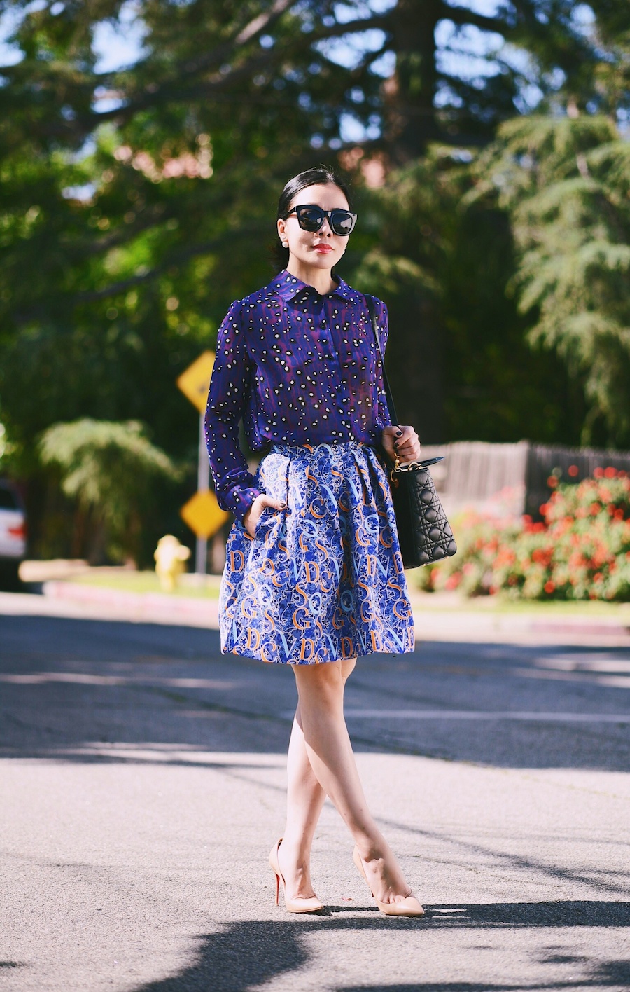 Street Style, Print on Print, Colorful Summer Style, Carven Printed Shirt, Mary Katrantzou Skirt, Lady Dior Bag, Christian Louboutin Nude Pumps, via: HallieDaily