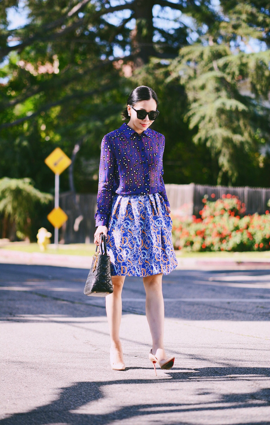 Street Style, Print on Print, Colorful Summer Style, Carven Printed Shirt, Mary Katrantzou Skirt, Lady Dior Bag, Christian Louboutin Nude Pumps, via: HallieDaily