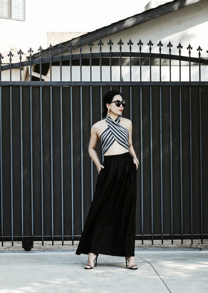 Friday Night Out, Tome Wrap Top, Black Maxi Skirt, Red Lips, via: HallieDaily