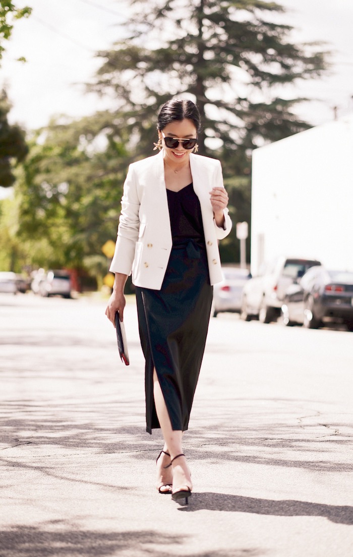 Business Chic, ISSA Jacket, 3.1 Phillip Lim Splited Pencil Skirt, Chanel Wallet, Prada Sunglasses, Stuart Weitzman Nudist Sandals, via: HallieDaily