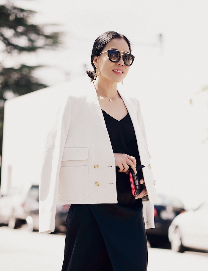 Business Chic, ISSA Jacket, 3.1 Phillip Lim Splited Pencil Skirt, Chanel Wallet, Prada Sunglasses, Stuart Weitzman Nudist Sandals, via: HallieDaily