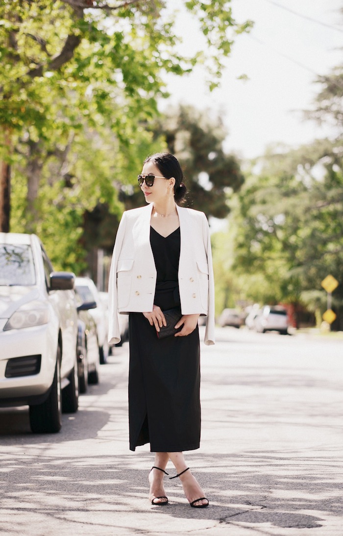 Business Chic, ISSA Jacket, 3.1 Phillip Lim Splited Pencil Skirt, Chanel Wallet, Prada Sunglasses, Stuart Weitzman Nudist Sandals, via: HallieDaily