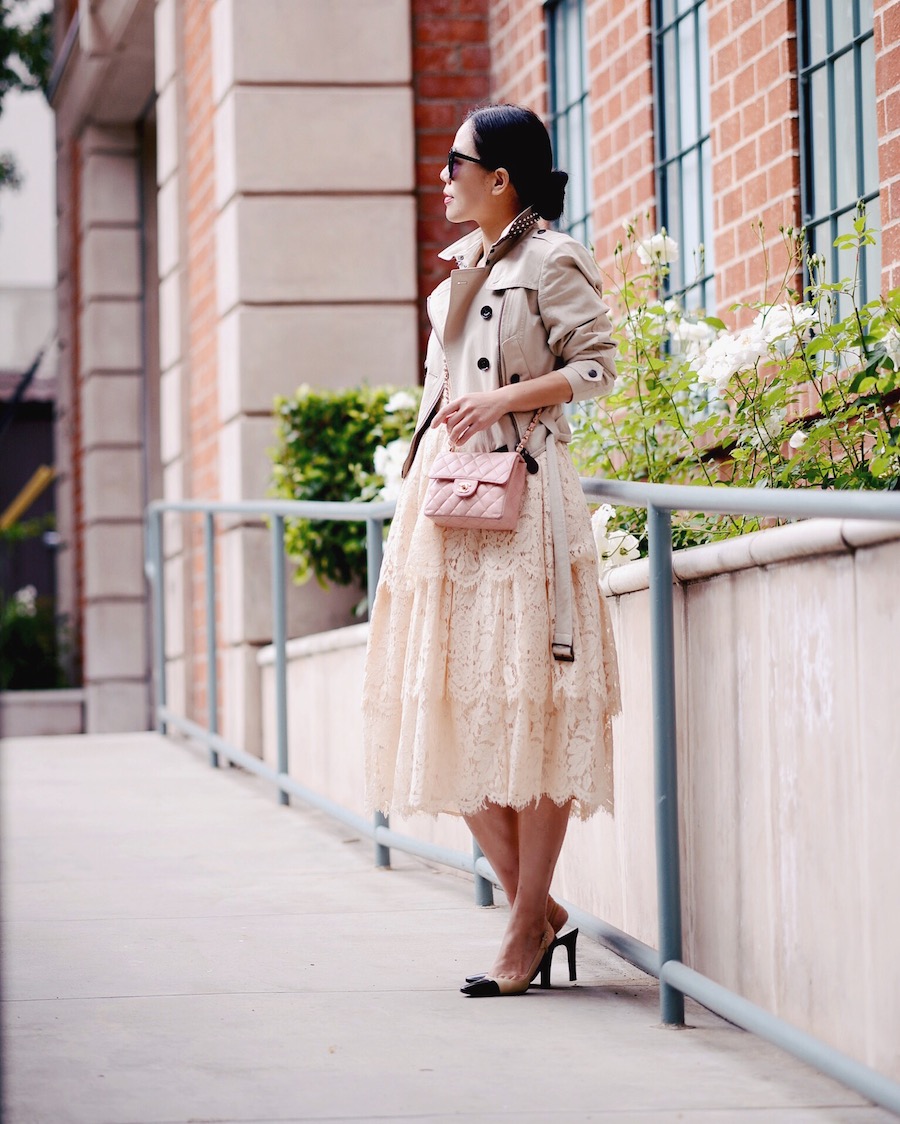 Lace & Chanel, Lace Dress, Burberry Cropped Trench, Chanel Mini Bag, Chanel Two-Tone Pumps, Elegance, via: HallieDaily