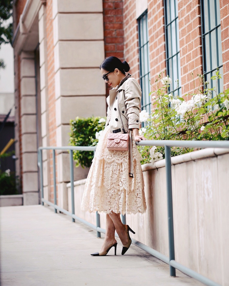 Lace & Chanel, Lace Dress, Burberry Cropped Trench, Chanel Mini Bag, Chanel Two-Tone Pumps, Elegance, via: HallieDaily