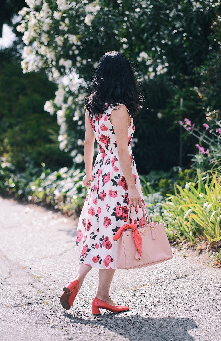 Burberry Pink Trench, Floral Midi Dress, Red Midi Heels, via: HallieDaily