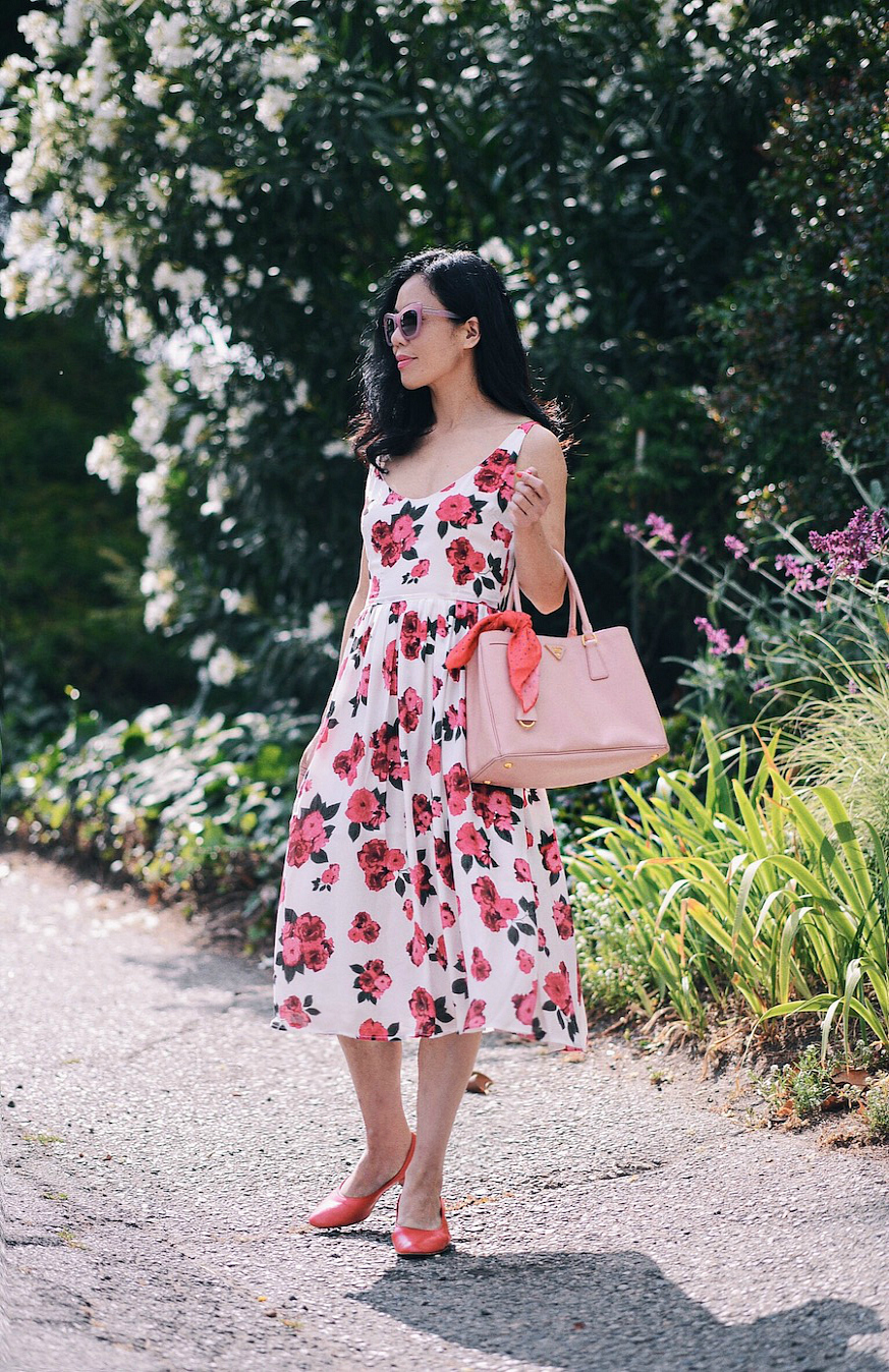 Burberry Pink Trench, Floral Midi Dress, Red Midi Heels, via: HallieDaily