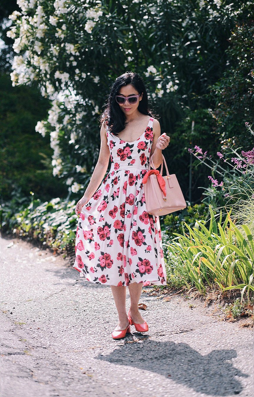 Burberry Pink Trench, Floral Midi Dress, Red Midi Heels, via: HallieDaily