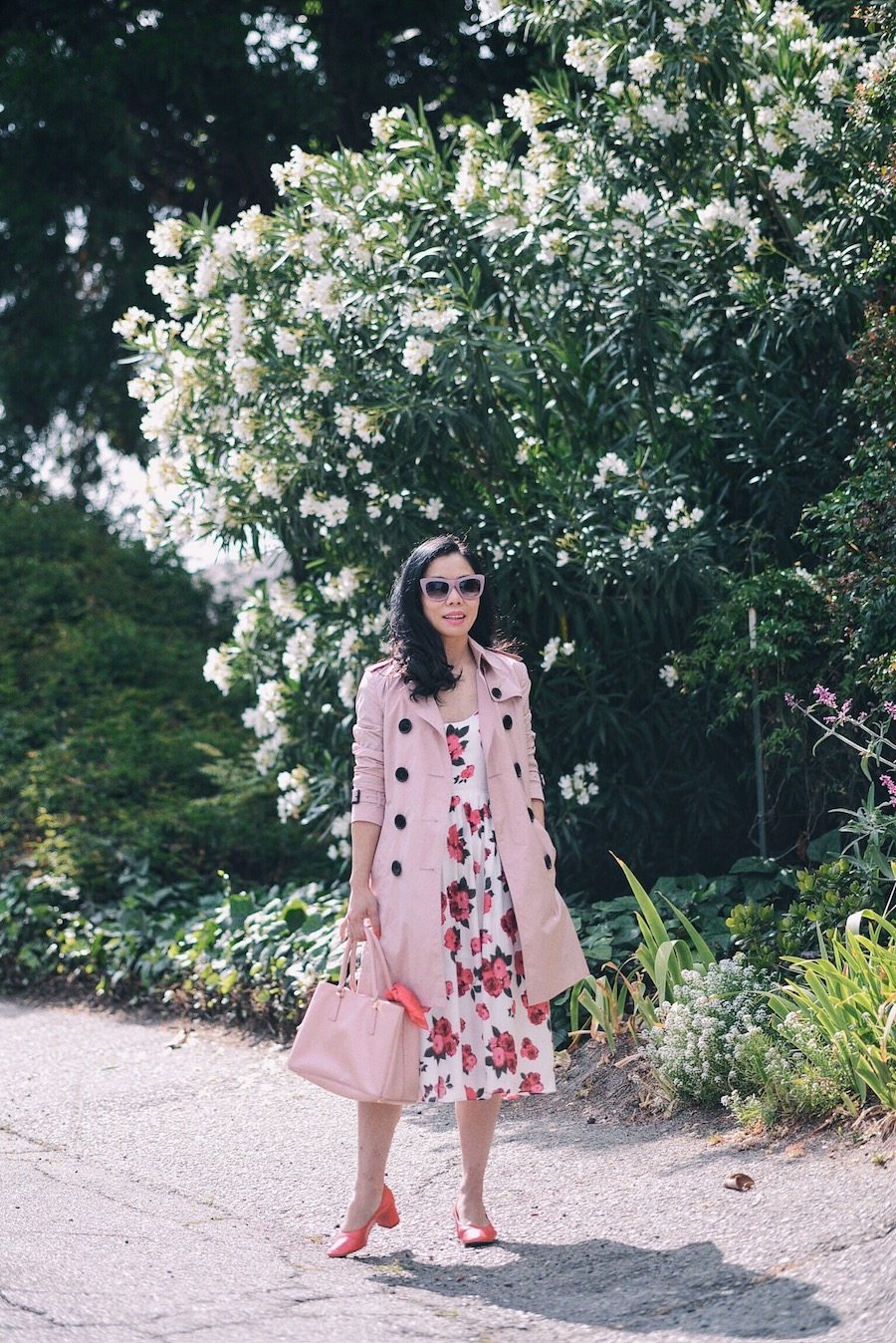 Burberry Pink Trench, Floral Midi Dress, Red Midi Heels, via: HallieDaily