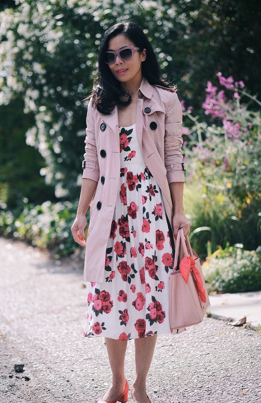 Burberry Pink Trench, Floral Midi Dress, Red Midi Heels, via: HallieDaily