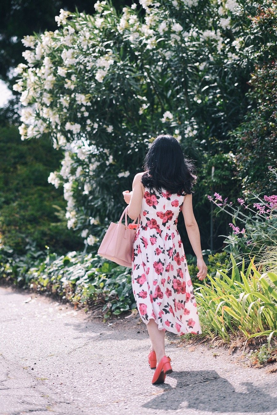 Burberry Pink Trench, Floral Midi Dress, Red Midi Heels, via: HallieDaily