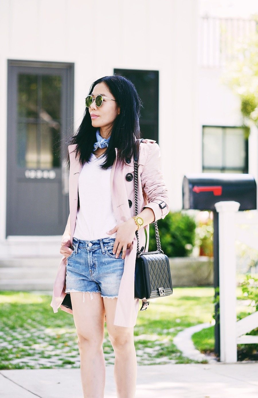 Spring Style, Rose Pink Burberry Trench, Gap Denim Shorts, Zara Bow Sandals, Chanel Bag, via: HallieDaily