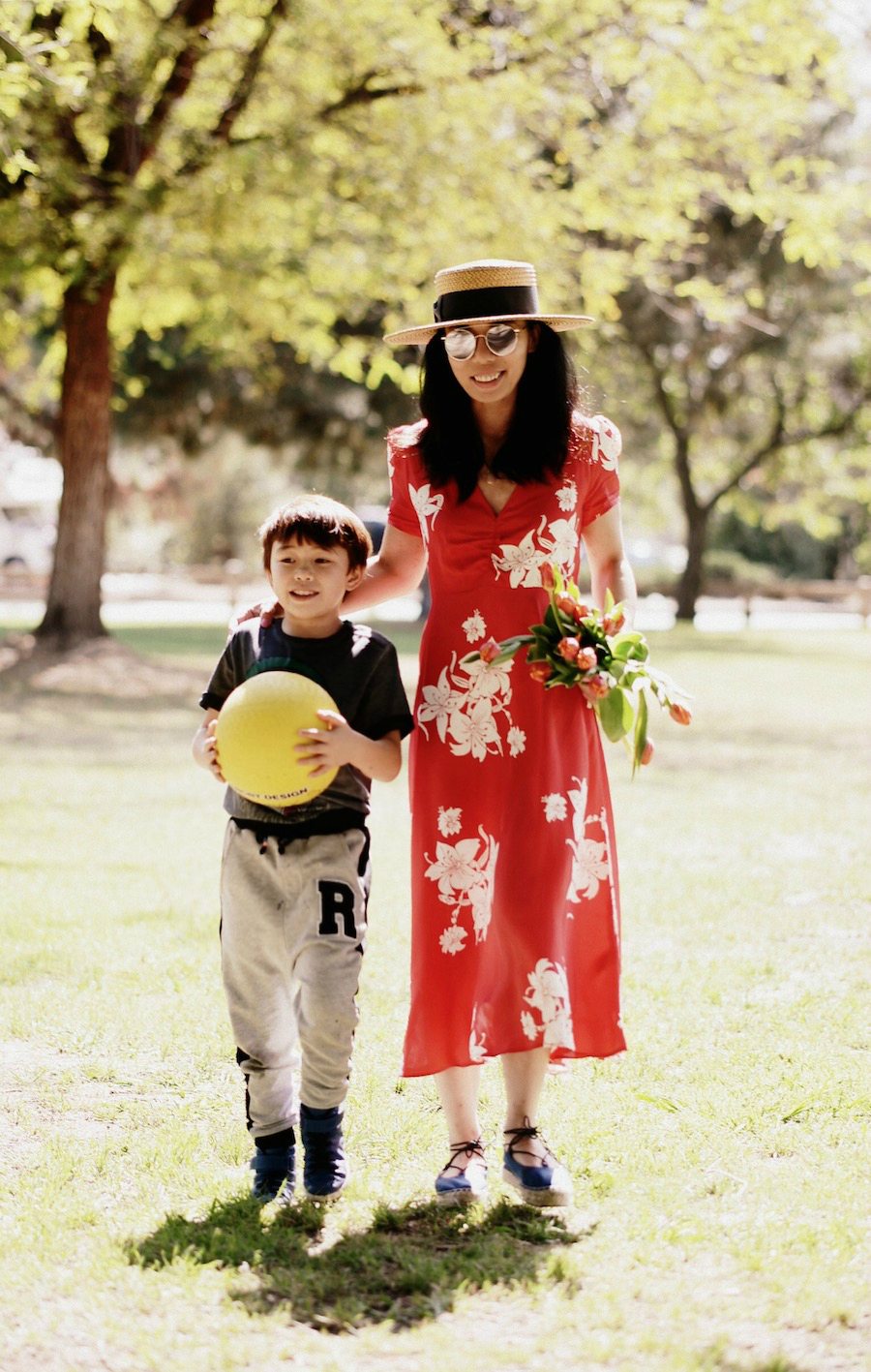 Picnic Style, Beautiful Picnic Set Up, Mom & Son Style, Alexa Chung for M&S, Floral Dress, Denim Espadrilles, via: HallieDaily