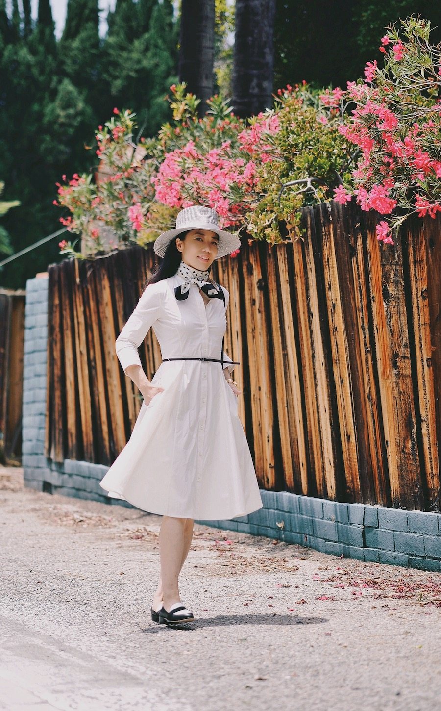 Little White Dress, Neck Tie, Boater Hat, Two-Tone Loafers, via: HallieDaily