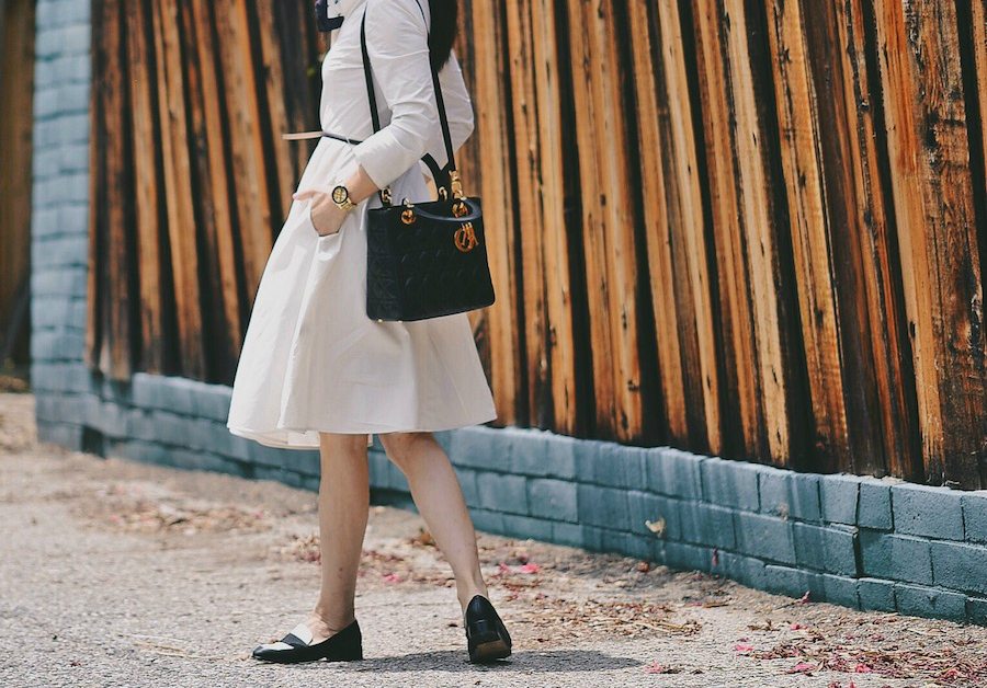 Little White Dress, Neck Tie, Boater Hat, Two-Tone Loafers, via: HallieDaily