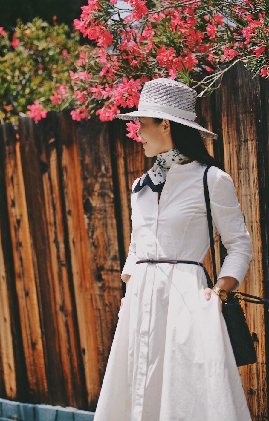 Little White Dress, Neck Tie, Boater Hat, Two-Tone Loafers, via: HallieDaily