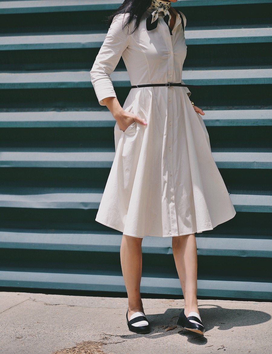 Little White Dress, Neck Tie, Boater Hat, Two-Tone Loafers, via: HallieDaily