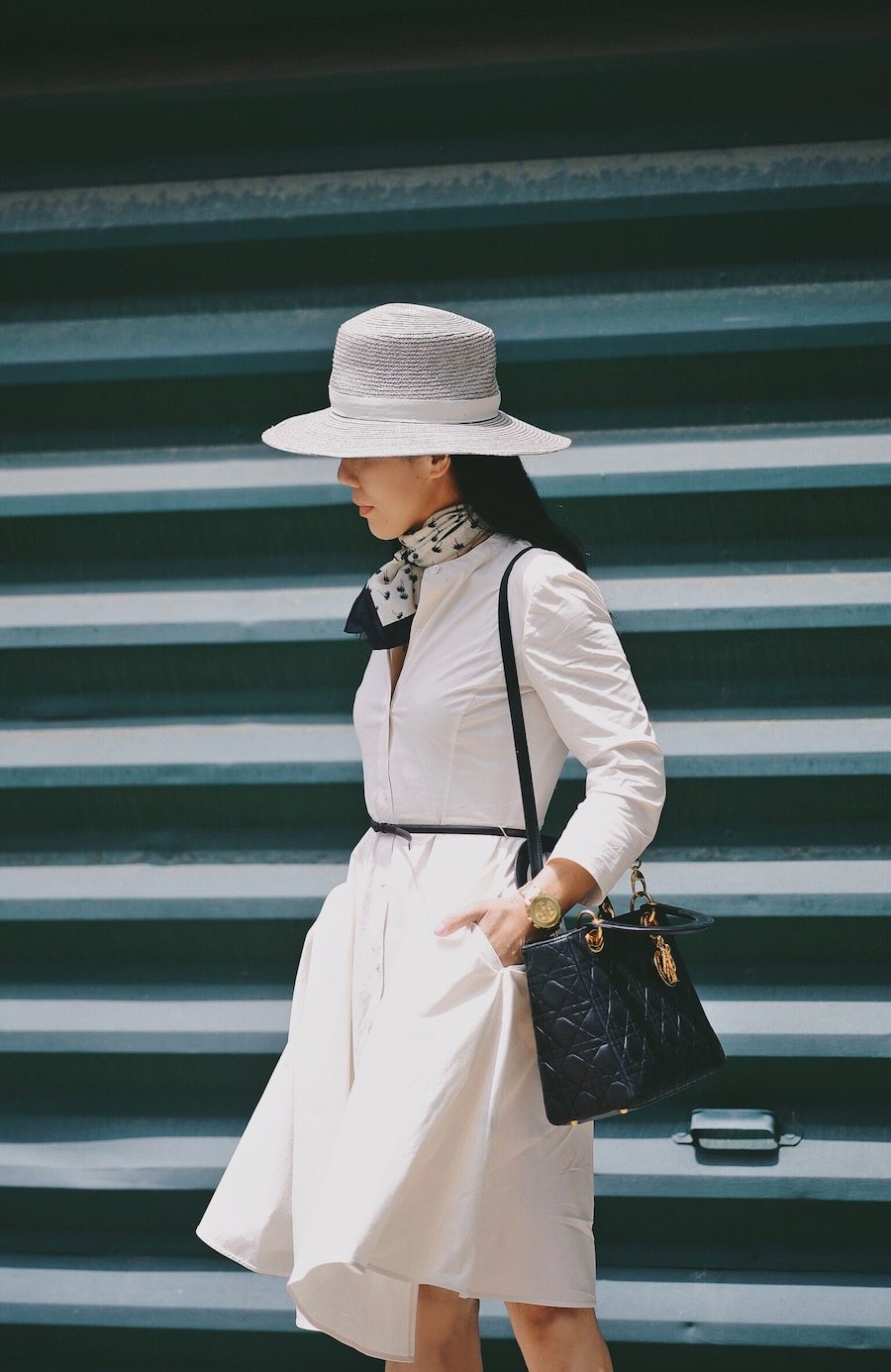 Little White Dress, Neck Tie, Boater Hat, Two-Tone Loafers, via: HallieDaily