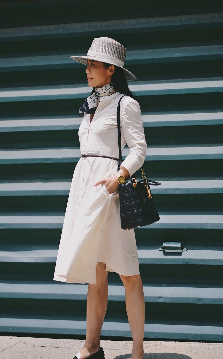 Little White Dress, Neck Tie, Boater Hat, Two-Tone Loafers, via: HallieDaily