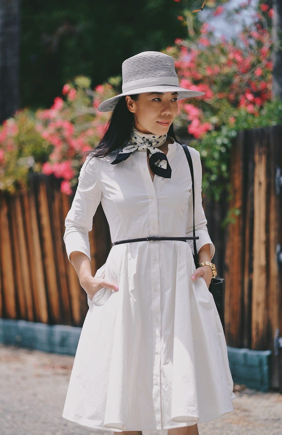 Little White Dress, Neck Tie, Boater Hat, Two-Tone Loafers, via: HallieDaily