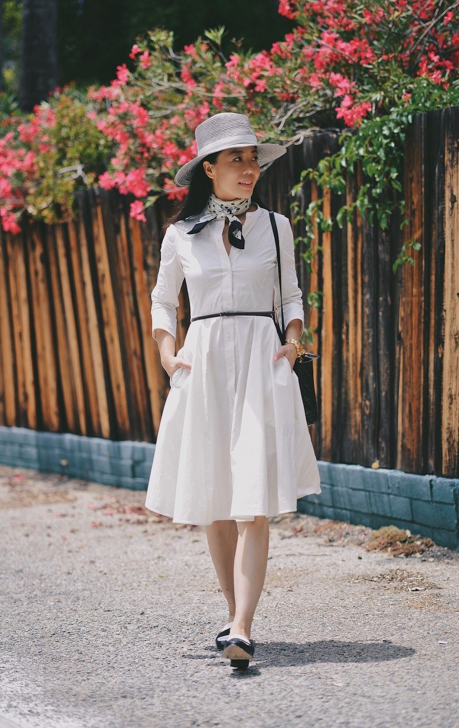 Little White Dress, Neck Tie, Boater Hat, Two-Tone Loafers, via: HallieDaily