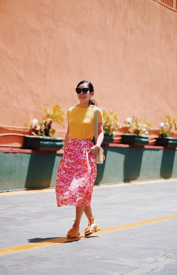 Mellow Yellow: Summer Weight Knit, Floral Skirt, Floral Sandals, Straw Bag, via: HallieDaily