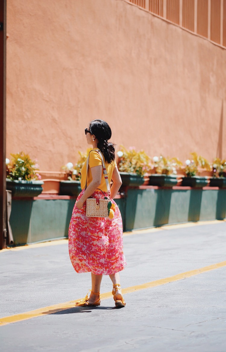 Mellow Yellow: Summer Weight Knit, Floral Skirt, Floral Sandals, Straw Bag, via: HallieDaily