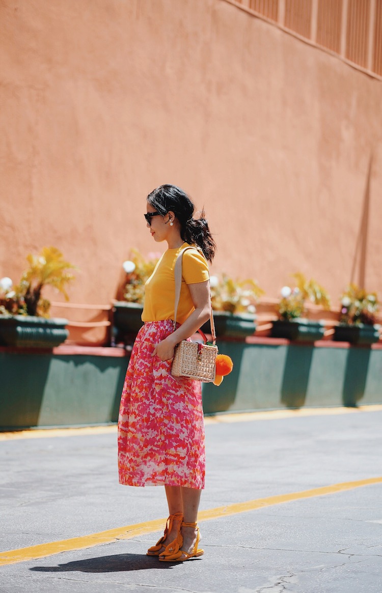 Mellow Yellow: Summer Weight Knit, Floral Skirt, Floral Sandals, Straw Bag, via: HallieDaily