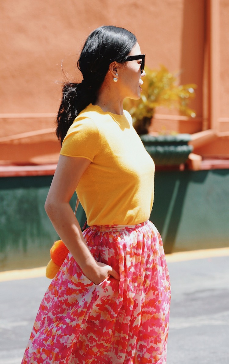 Mellow Yellow: Summer Weight Knit, Floral Skirt, Floral Sandals, Straw Bag, via: HallieDaily