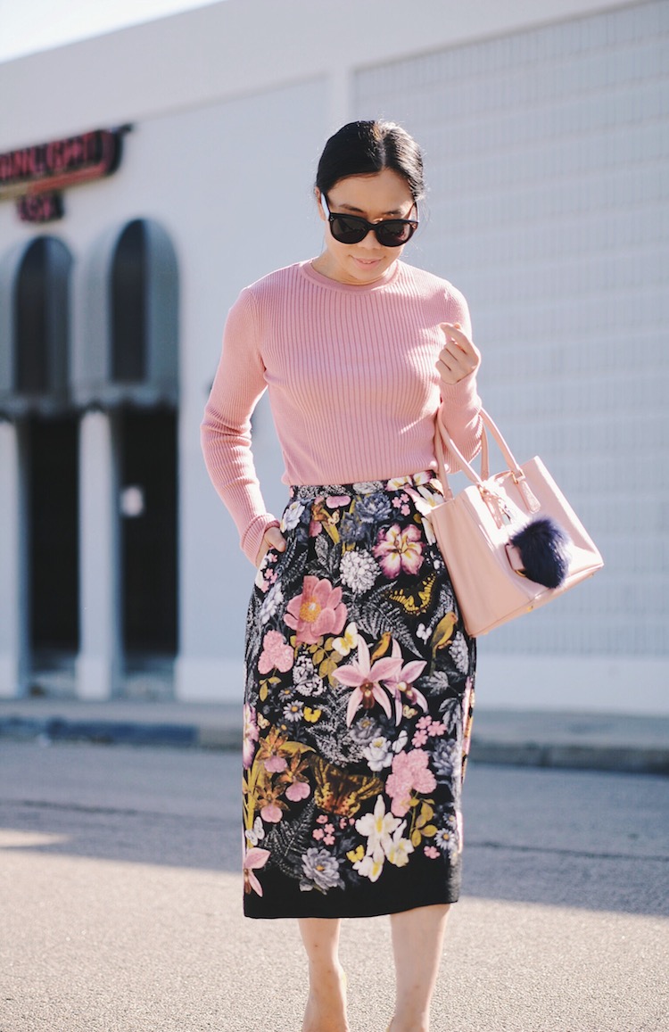 Feminine In Pink Style, Summer Knit Wear, Floral Midi Skirt, Prada Bag, Pom Pom Key Chain, Christian Louboutin So Kate, via: HallieDaily