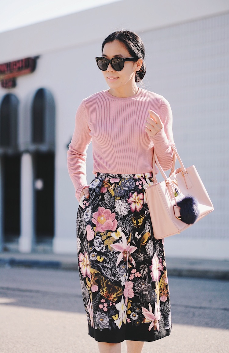 Feminine In Pink Style, Summer Knit Wear, Floral Midi Skirt, Prada Bag, Pom Pom Key Chain, Christian Louboutin So Kate, via: HallieDaily