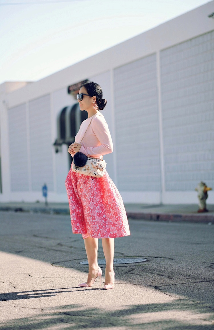 Spring Style, Feminine In Pink, J.Crew Light Weight Sweater, SIMONE ROCHA Skirt, Vintage Chanel Bag, Pom Pom Key Chain, Statement Earrings, Gianvito Rossi Pumps, via: HallieDaily