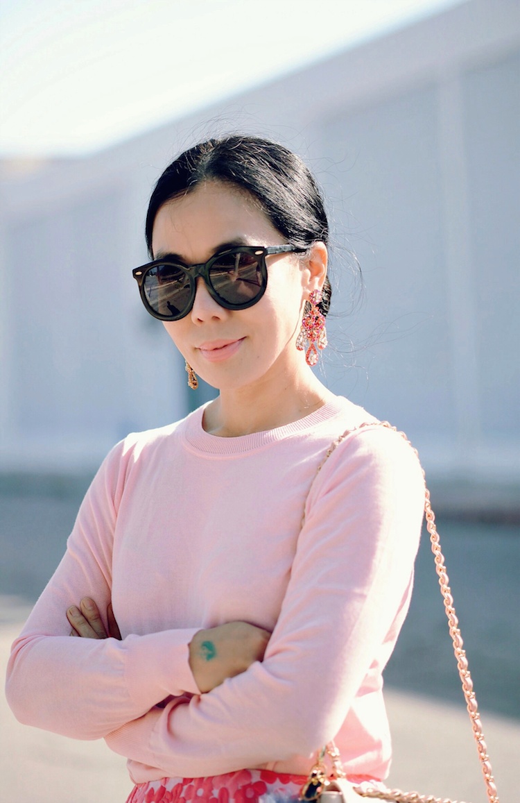 Spring Style, Feminine In Pink, J.Crew Light Weight Sweater, SIMONE ROCHA Skirt, Vintage Chanel Bag, Pom Pom Key Chain, Statement Earrings, Gianvito Rossi Pumps, via: HallieDaily