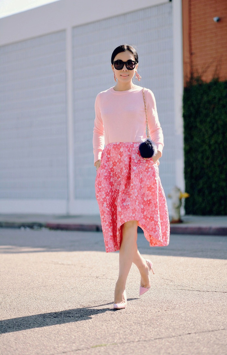 Spring Style, Feminine In Pink, J.Crew Light Weight Sweater, SIMONE ROCHA Skirt, Vintage Chanel Bag, Pom Pom Key Chain, Statement Earrings, Gianvito Rossi Pumps, via: HallieDaily