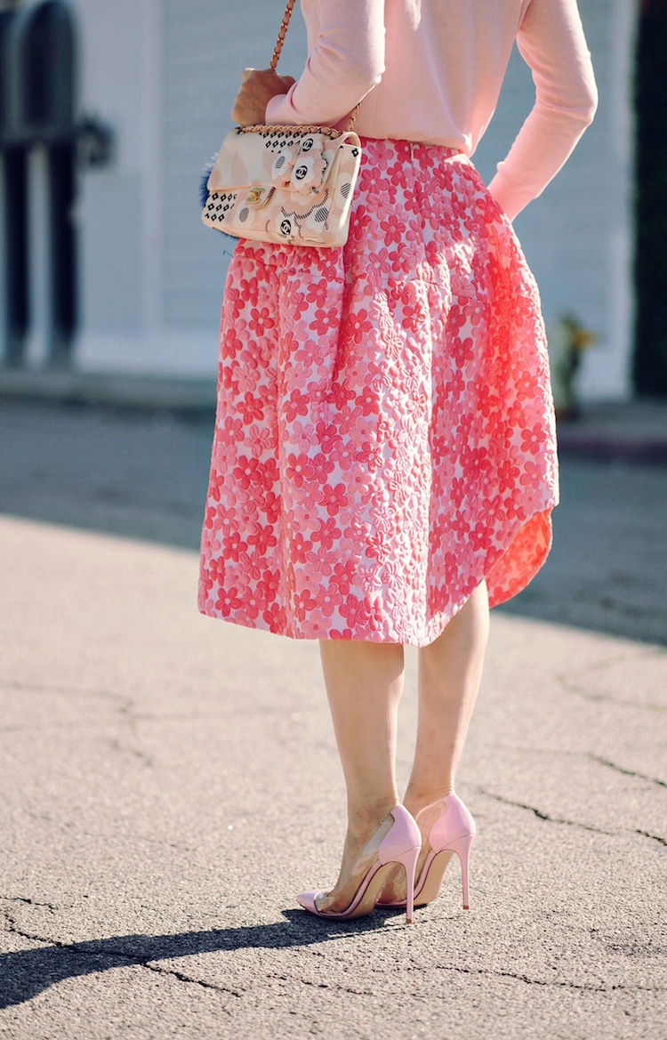 Spring Style, Feminine In Pink, J.Crew Light Weight Sweater, SIMONE ROCHA Skirt, Vintage Chanel Bag, Pom Pom Key Chain, Statement Earrings, Gianvito Rossi Pumps, via: HallieDaily