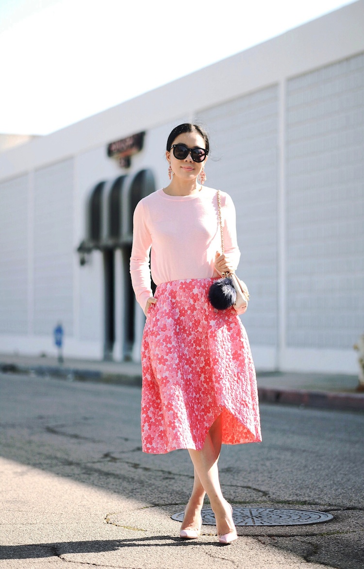 Spring Style, Feminine In Pink, J.Crew Light Weight Sweater, SIMONE ROCHA Skirt, Vintage Chanel Bag, Pom Pom Key Chain, Statement Earrings, Gianvito Rossi Pumps, via: HallieDaily