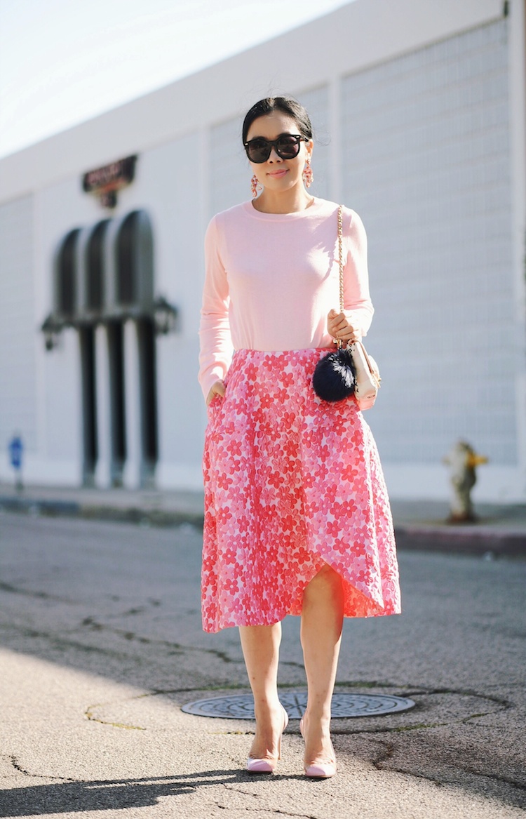 Spring Style, Feminine In Pink, J.Crew Light Weight Sweater, SIMONE ROCHA Skirt, Vintage Chanel Bag, Pom Pom Key Chain, Statement Earrings, Gianvito Rossi Pumps, via: HallieDaily