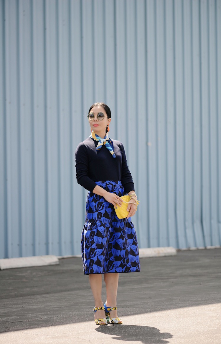 Color Blocking, Scarf Trend, Classic Style, J.Crew Sweater, Mother of Pearl Skirt, Dolce & Gabbana Shoes, Miu Miu Sunglasses, Rebecca Minkoff Bag, via: HallieDaily