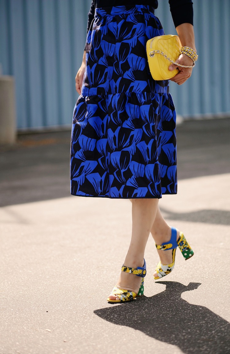 Color Blocking, Scarf Trend, Classic Style, J.Crew Sweater, Mother of Pearl Skirt, Dolce & Gabbana Shoes, Miu Miu Sunglasses, Rebecca Minkoff Bag, via: HallieDaily