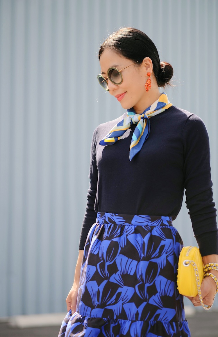 Color Blocking, Scarf Trend, Classic Style, J.Crew Sweater, Mother of Pearl Skirt, Dolce & Gabbana Shoes, Miu Miu Sunglasses, Rebecca Minkoff Bag, via: HallieDaily